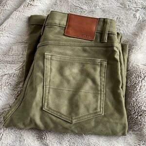 Gustin Mens 33 Slim Fit Cotton Olive Pants with Brown Leather Logo Patch